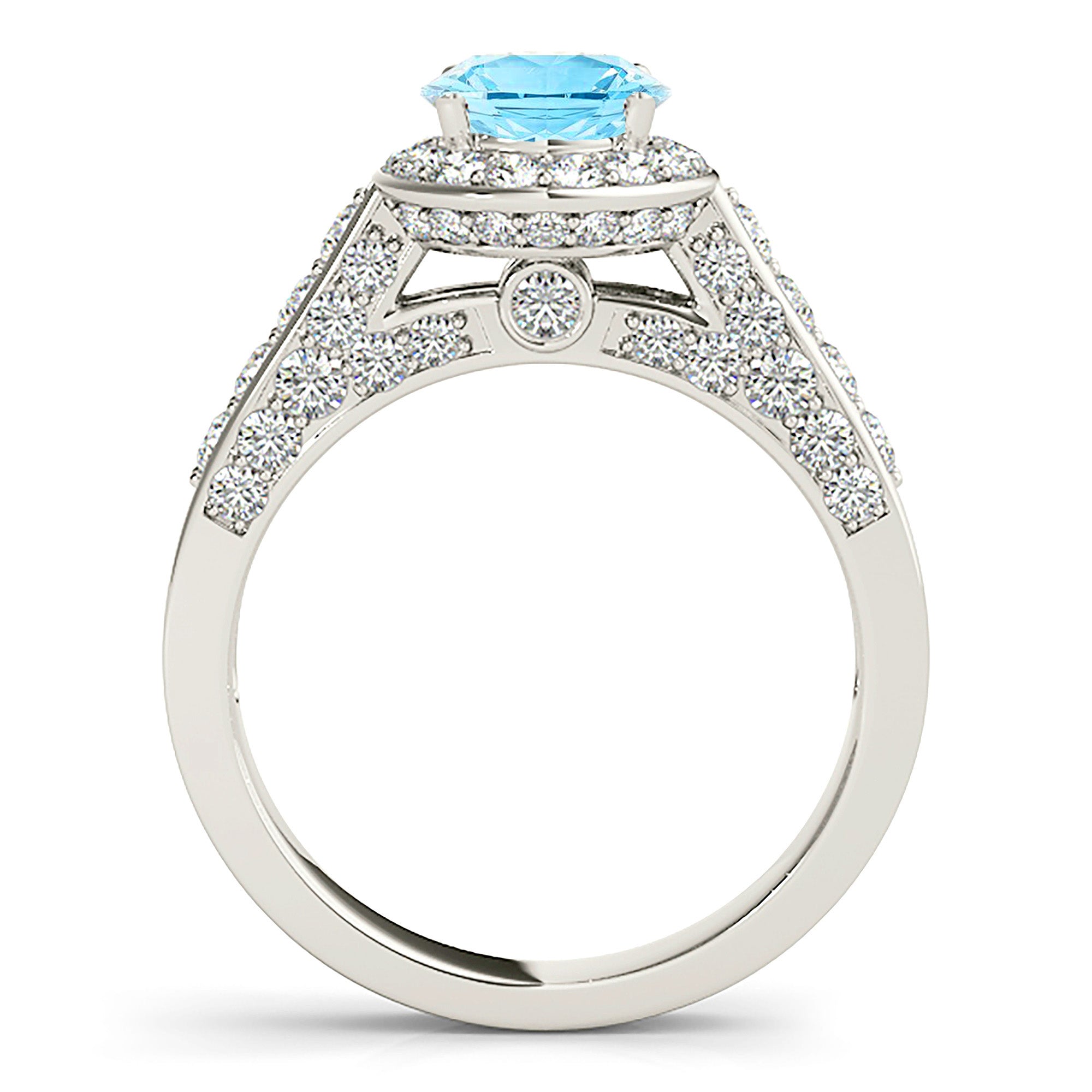 1.10 ct. Genuine Aquamarine Ring With 0.75 ctw. Diamond Halo And 3D diamond Band | Round Blue Aquamarine Halo Ring-VIRABYANI